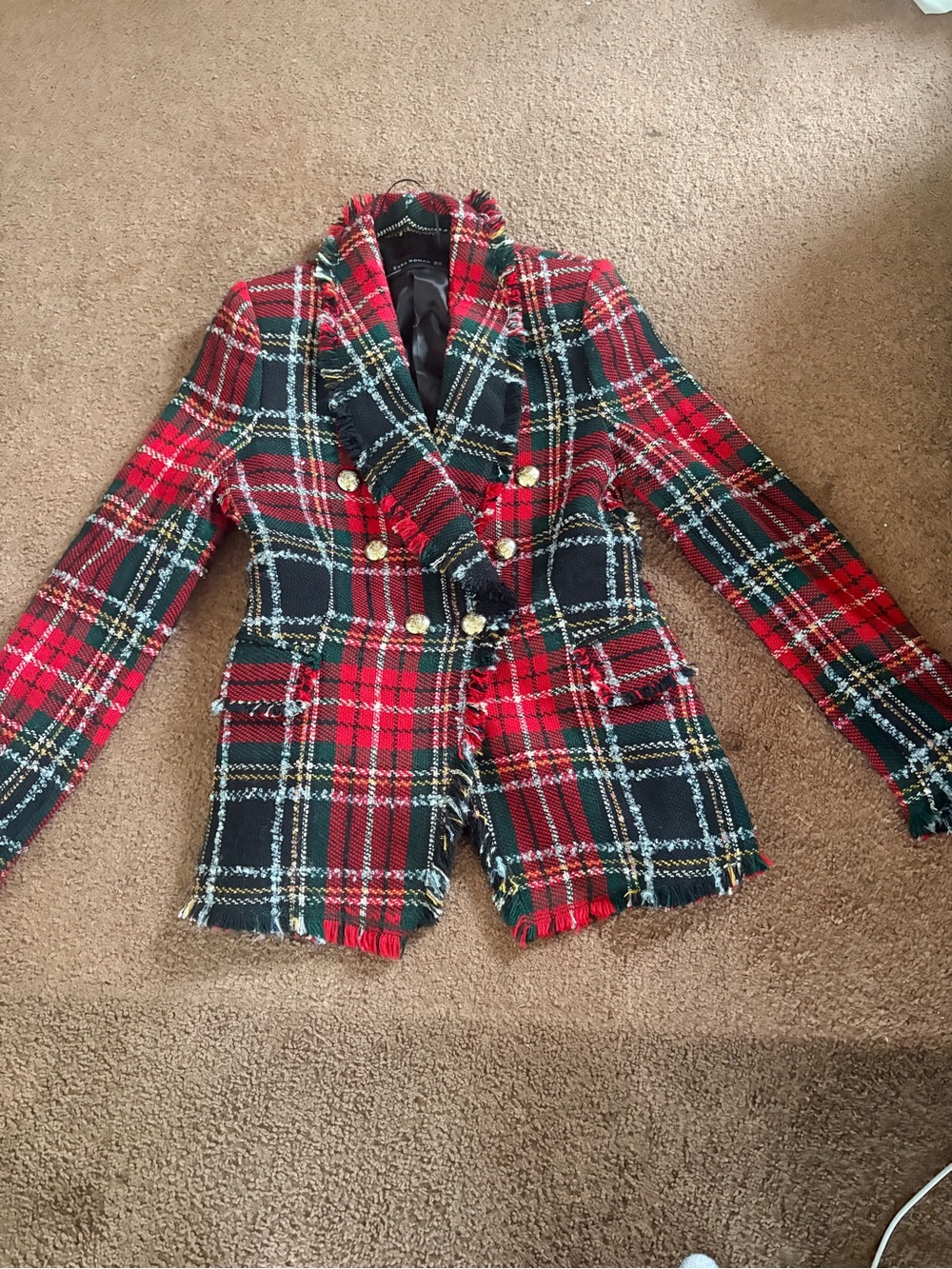 Zara Red and Black Plaid Double-Breasted Blazer with Gold Buttons